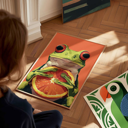 Frog with Orange Poster | Red and Green Flat Design Art Print | Kids Room Wall Art — styled in an interior