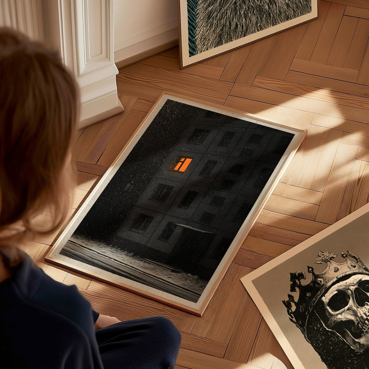One Light Waits Poster | Black and Amber Pen and Ink Art Print | Dark Academia Wall Art — styled in an interior