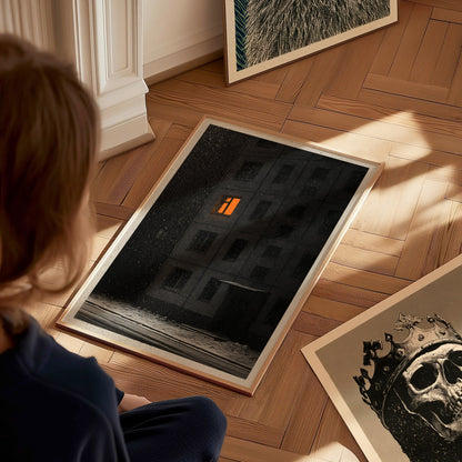 One Light Waits Poster | Black and Amber Pen and Ink Art Print | Dark Academia Wall Art — styled in an interior