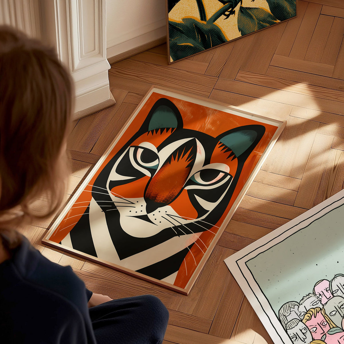 Tiger Stripes Poster | Orange and Teal Flat Design Art Print | Kids Room Wall Art — styled in an interior