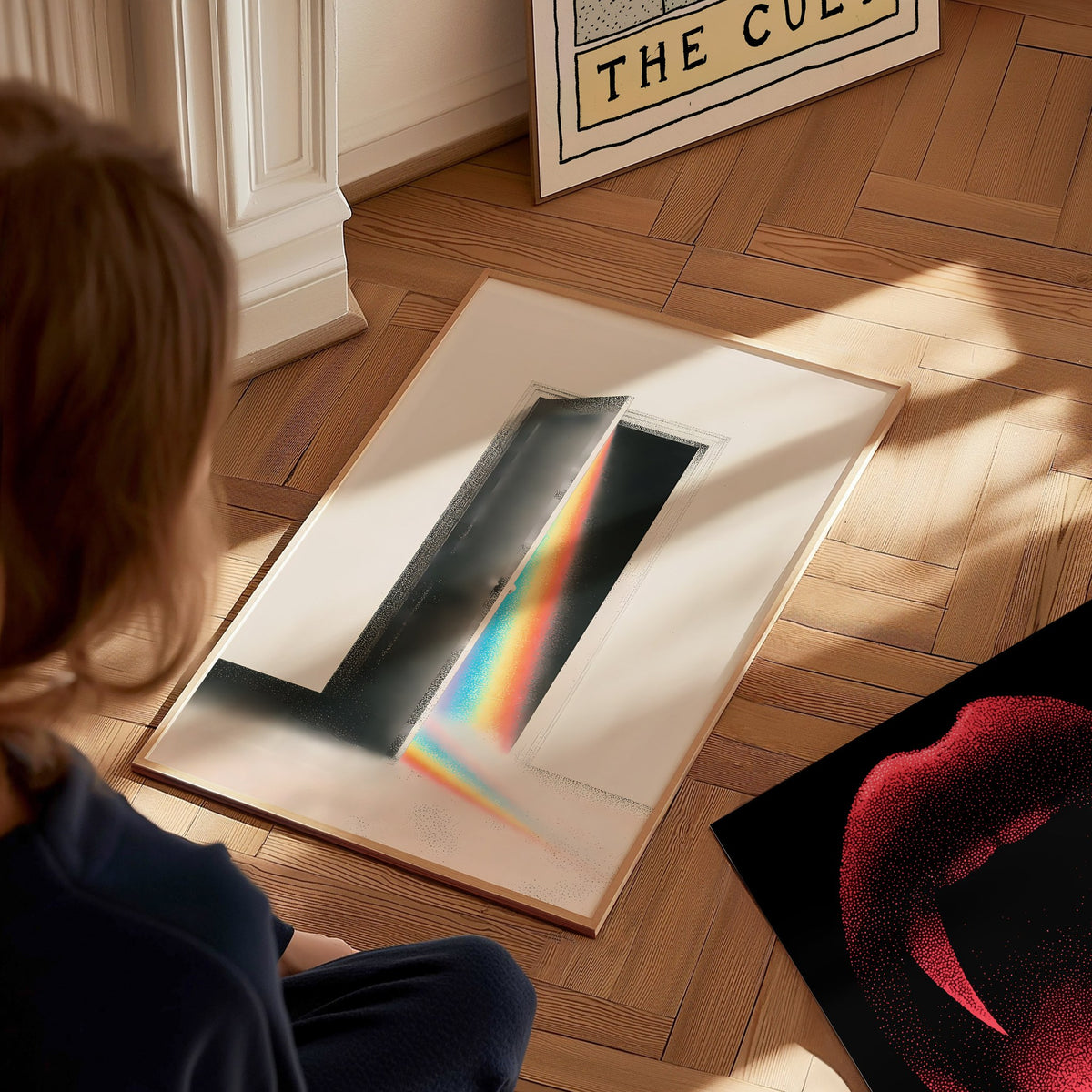 Rainbow Through the Door Poster | Rainbow and Black Pen and Ink Art Print | Mystic Wall Art — styled in an interior