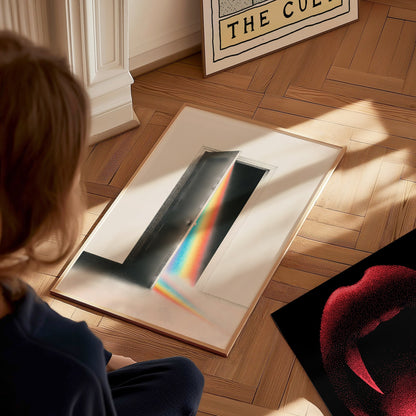 Rainbow Through the Door Poster | Rainbow and Black Pen and Ink Art Print | Mystic Wall Art — styled in an interior