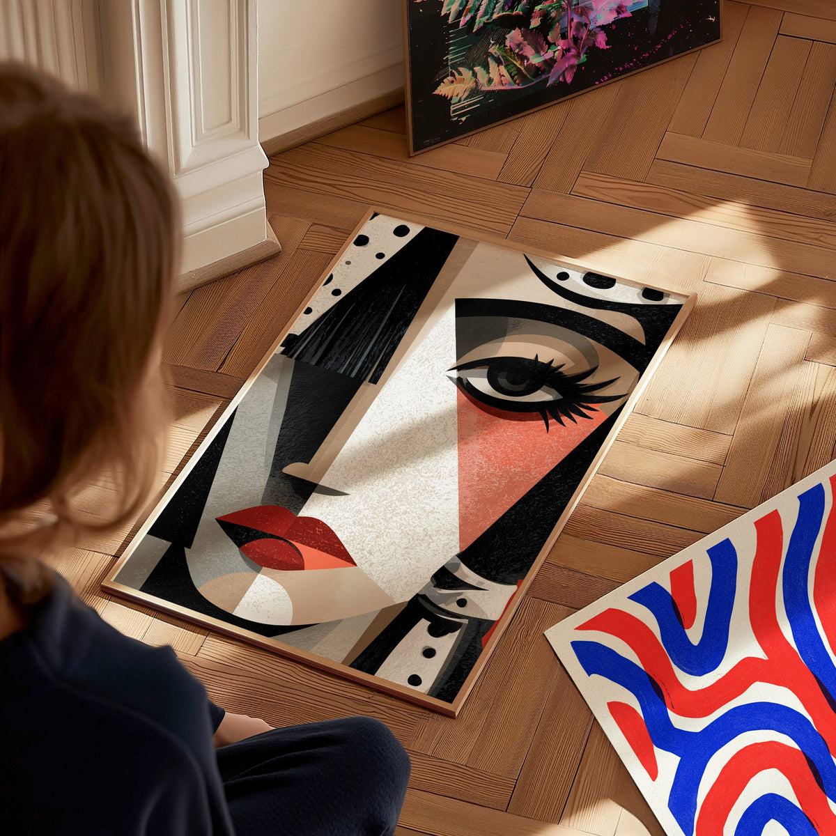 Cubist Woman Watches Poster | Black and Orange Abstract Art Print | Modernist Wall Art — styled in an interior