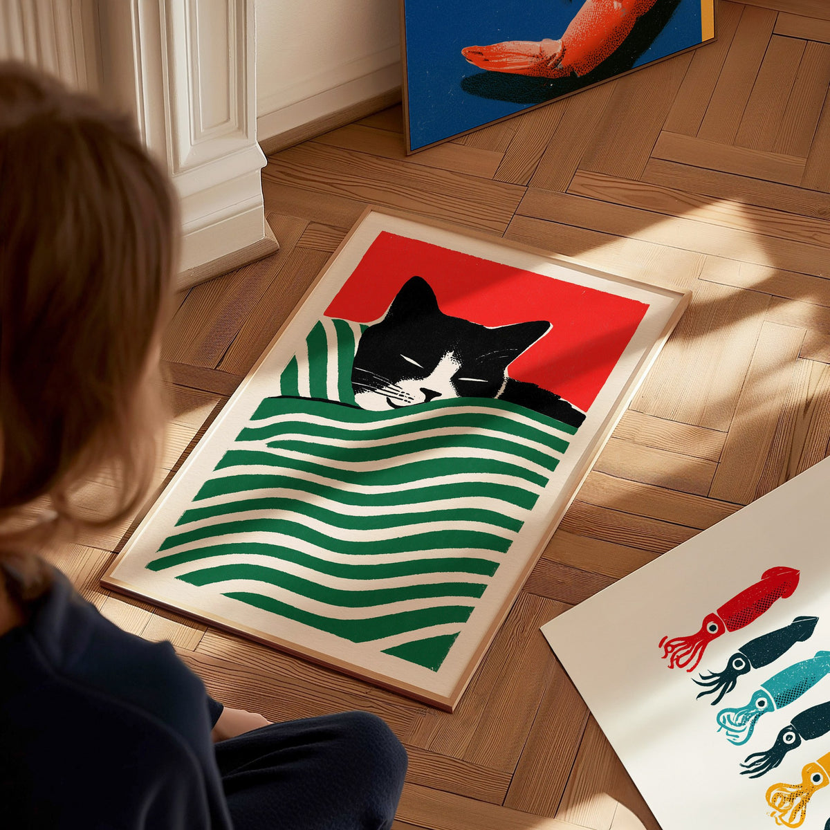 Cat Under Striped Blanket Poster | Green and Red Screen Print Art Print | Cat Lover Wall Art — styled in an interior