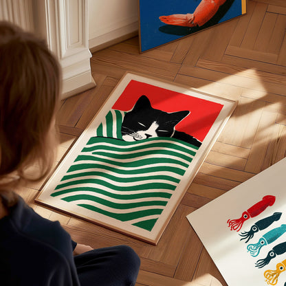 Cat Under Striped Blanket Poster | Green and Red Screen Print Art Print | Cat Lover Wall Art — styled in an interior