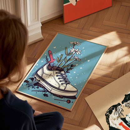Sneaker Garden Poster | Blue and Coral Illustrative Art Print | Plant Lover Wall Art — styled in an interior