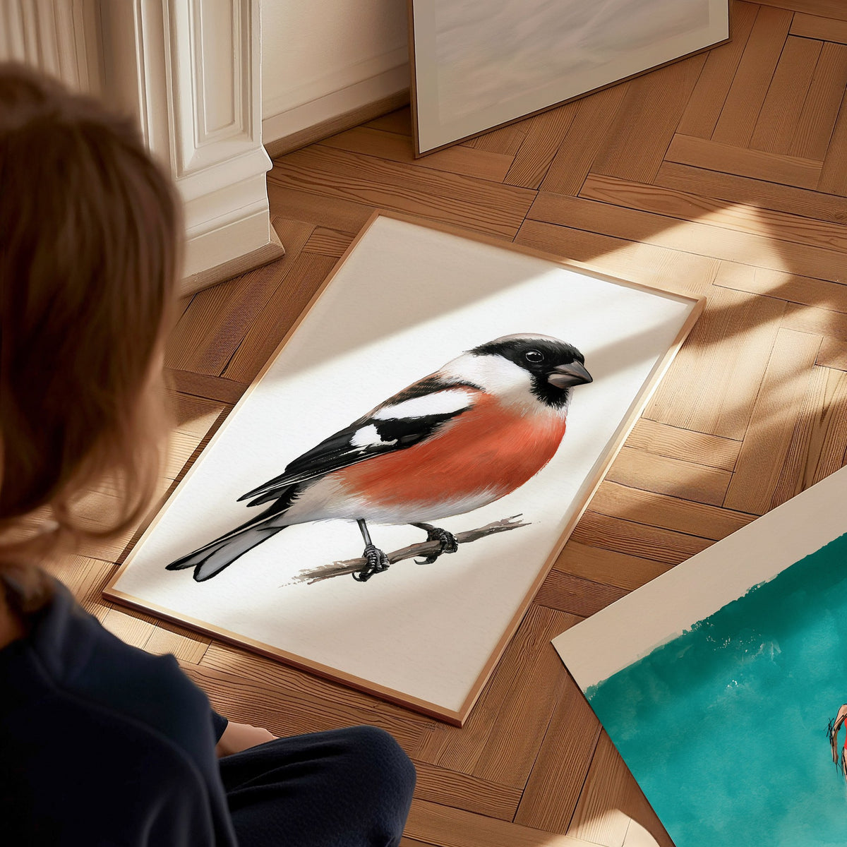 Bullfinch Owns Branch Poster | Orange and Black Watercolor Art Print | Naturalist Wall Art — styled in an interior