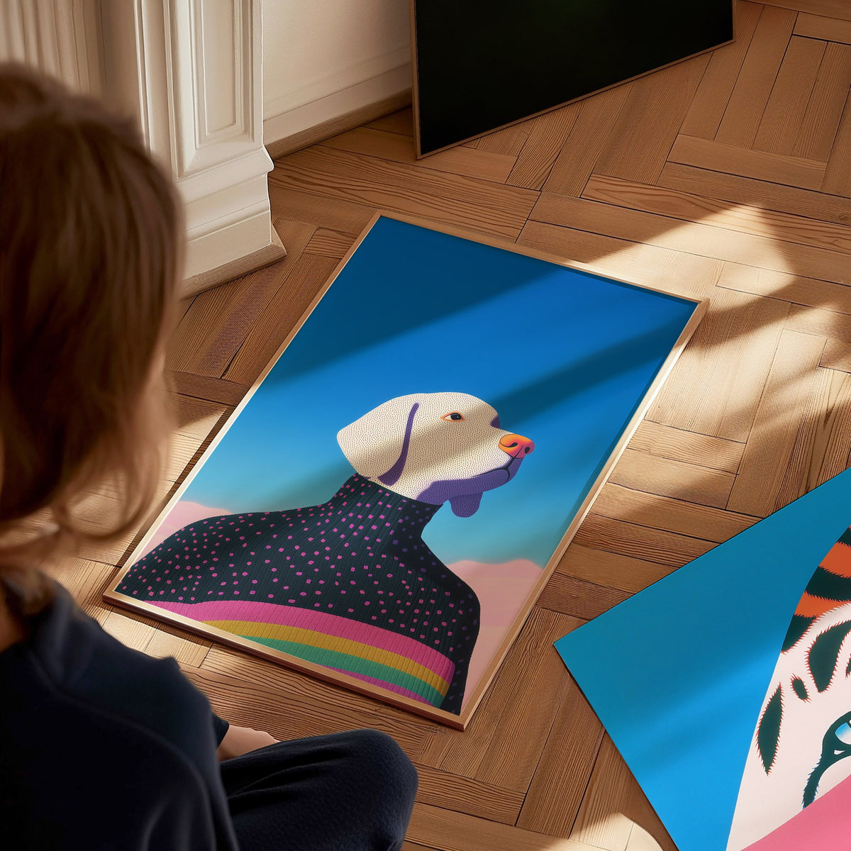 Rainbow Dog Sweater Poster | Kids Art Print — styled in an interior