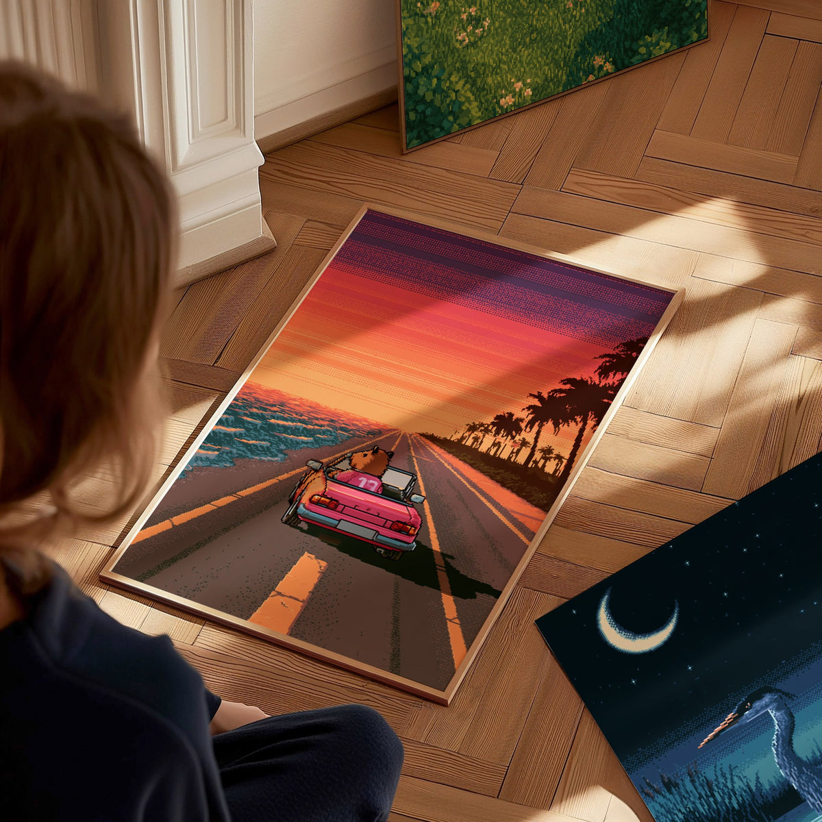 Capybara Drives Sunset Poster | Coral and Purple Pixel Art Print | Retro Gaming Wall Art — styled in an interior