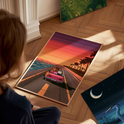 Capybara Drives Sunset Poster | Coral and Purple Pixel Art Print | Retro Gaming Wall Art — styled in an interior
