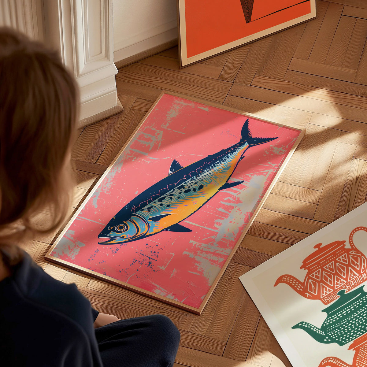 Sardine Tin on Pink Poster | Pink and Cobalt Screen Print Art Print | Kitchen Wall Art — styled in an interior