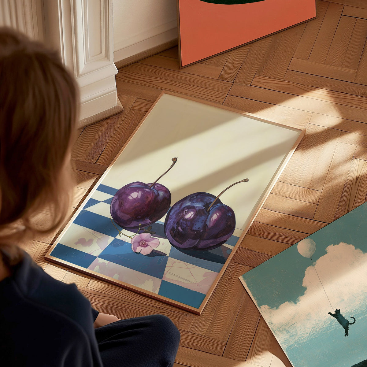 plums-on-checkerboard Poster | Purple and Cream Illustrative Art Print | Kitchen Wall Art — styled in an interior