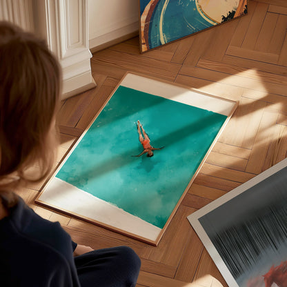 Swimmer in Pool Poster | Teal and Coral Watercolor Art Print | Spa Wall Art — styled in an interior