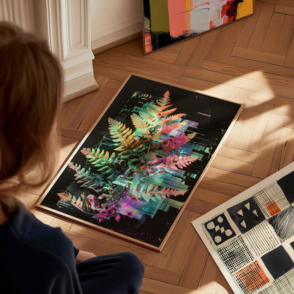 Glitch Fern Poster | Cyan and Magenta Abstract Art Print | Digital Art Wall Art — styled in an interior