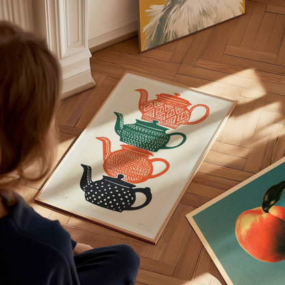 Stacked Teapots Poster | Burnt Orange Screen Print Art Print | Kitchen Wall Art — styled in an interior
