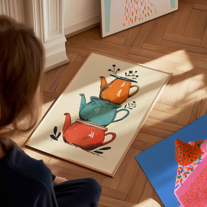 Stacked Teapots Poster | Coral and Teal Illustrative Art Print | Kitchen Wall Art — styled in an interior