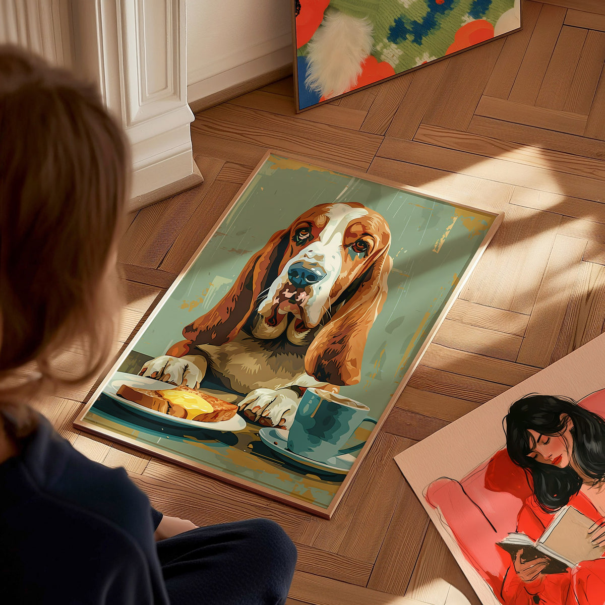 Hound Waits for Toast Poster | Tan and Cobalt Illustrative Art Print | Kitchen Wall Art — styled in an interior