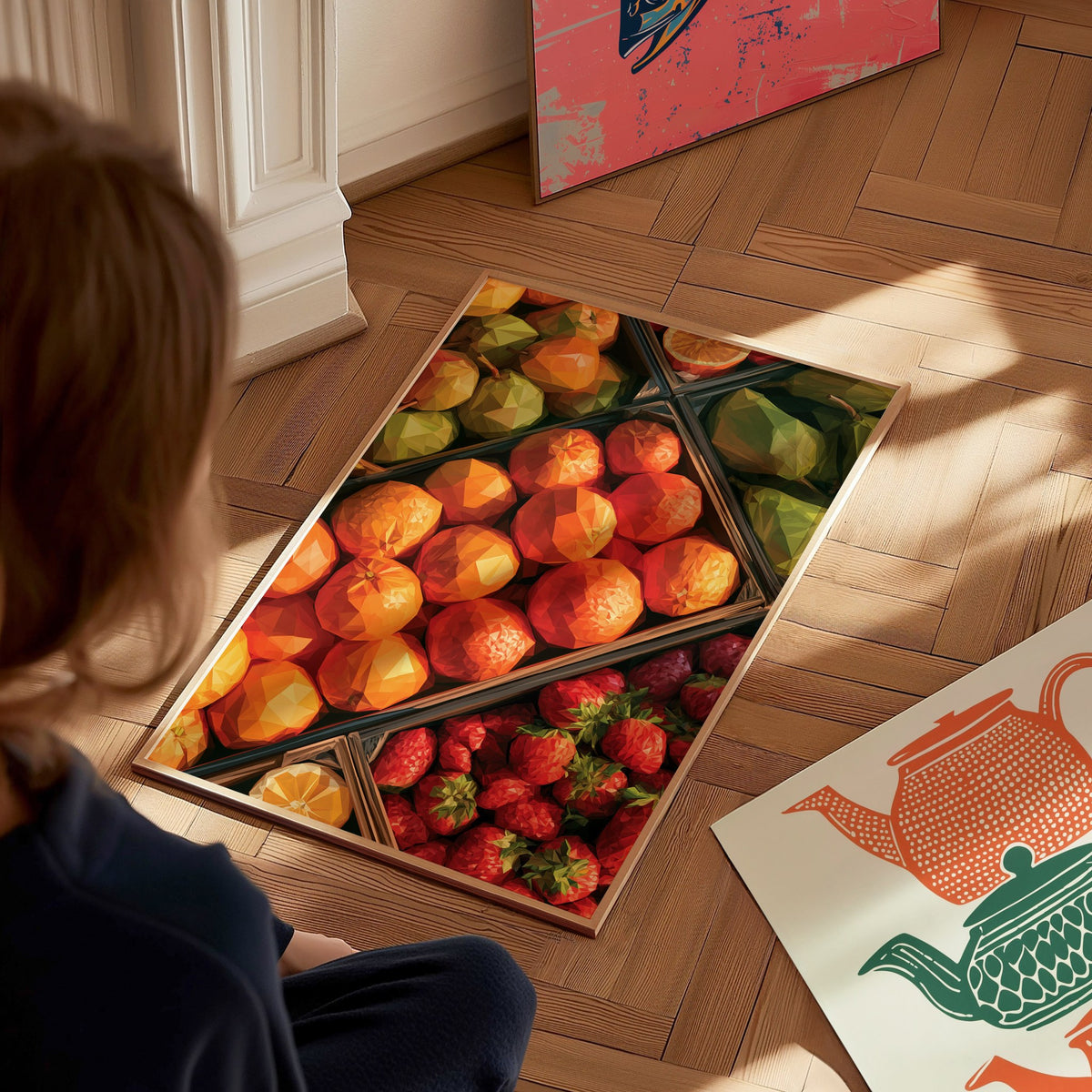 Fruit Stand Overhead Poster | Bold Citrus Low Poly Art Print | Kitchen Wall Art — styled in an interior