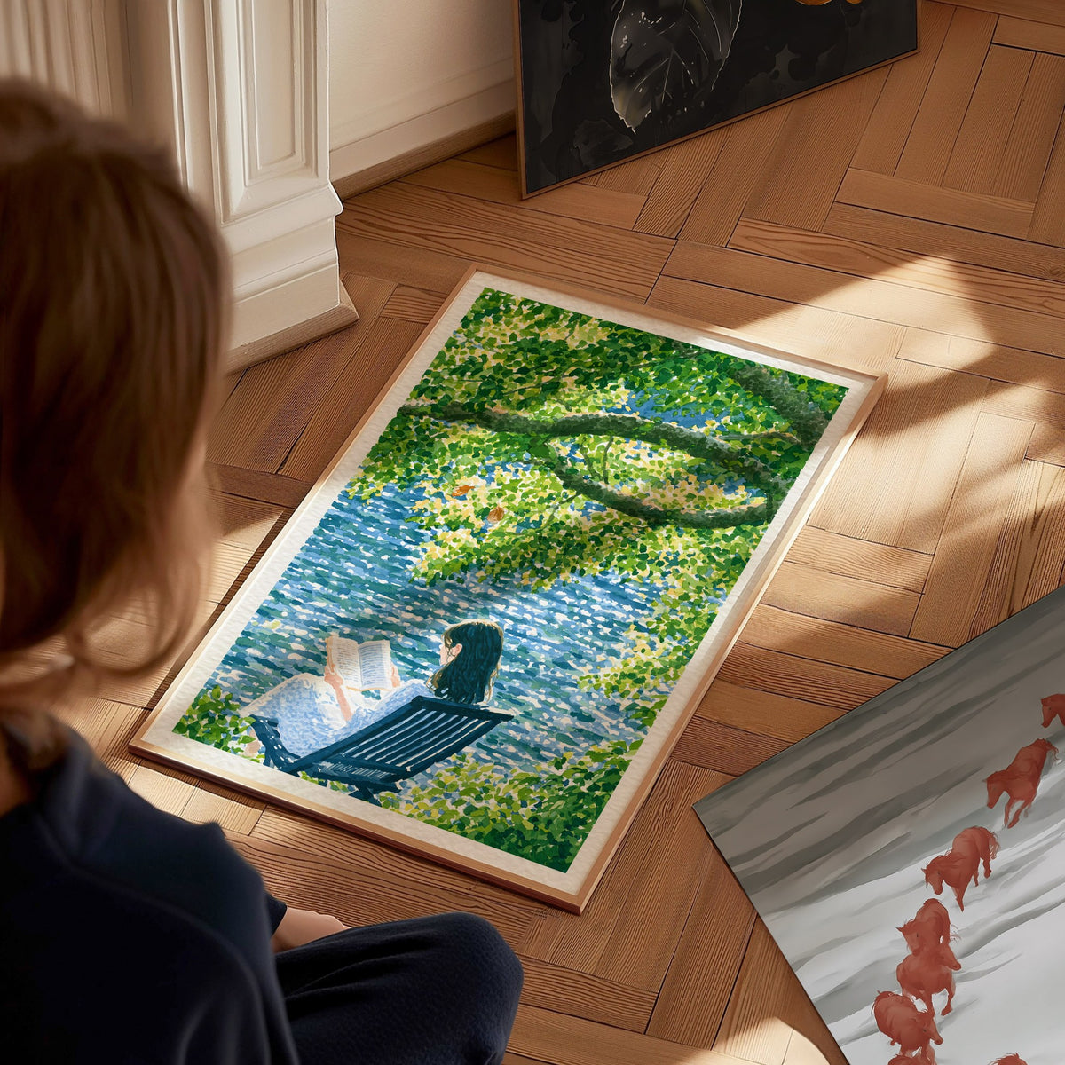 Reader by Water Poster | Blue and Yellow-Green Japanese Watercolor Art Print | Contemplative Readers Wall Art — styled in an