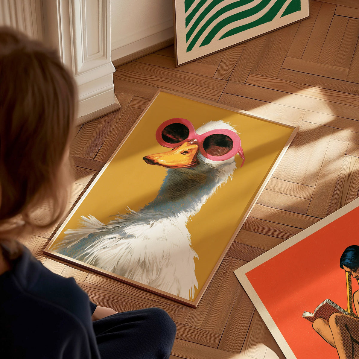 Duck in Pink Shades Poster | Mustard and Pink Screen Print Art Print | Playful Modern Wall Art — styled in an interior