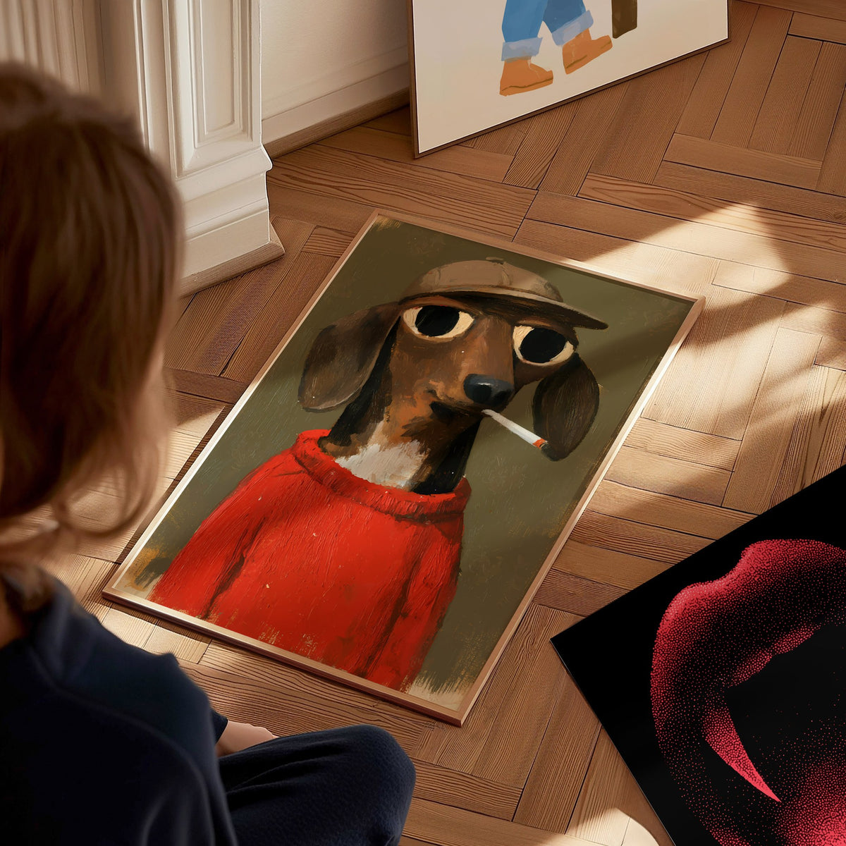 Dachshund In Red Poster | Red and Olive Oil Painting Art Print | Folk Art Wall Art — styled in an interior