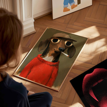 Dachshund In Red Poster | Red and Olive Oil Painting Art Print | Folk Art Wall Art — styled in an interior