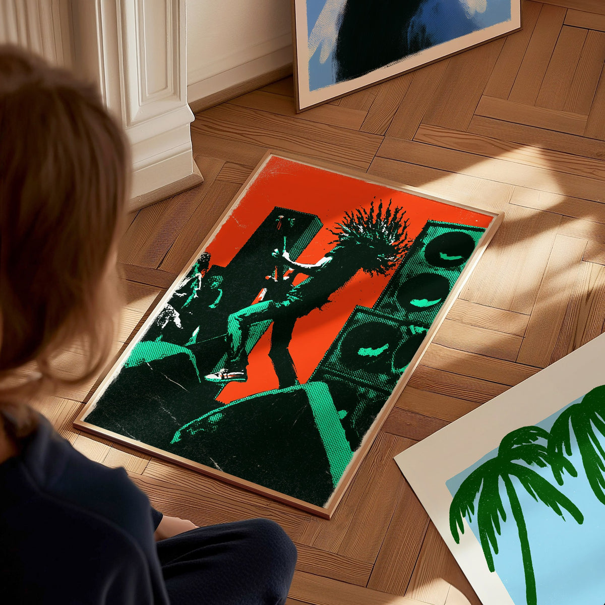 Guitarist Leaves Ground Poster | Orange and Green Screen Print Art Print | Music Lover Wall Art — styled in an interior