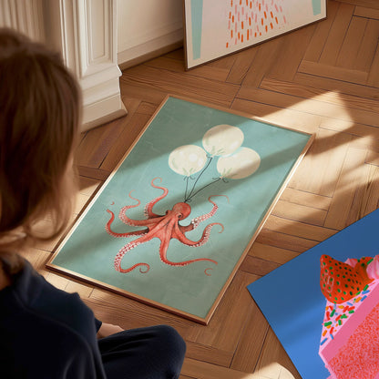 Balloon Octopus Poster | Coral and Teal Illustrative Art Print | Surrealist Wall Art — styled in an interior