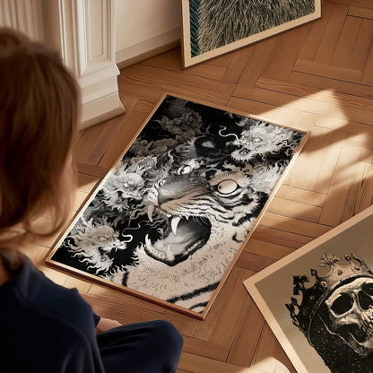 Tiger Plays Dragons Poster | Cream and Black Pen and Ink Art Print | Dark Fantasy Wall Art — styled in an interior