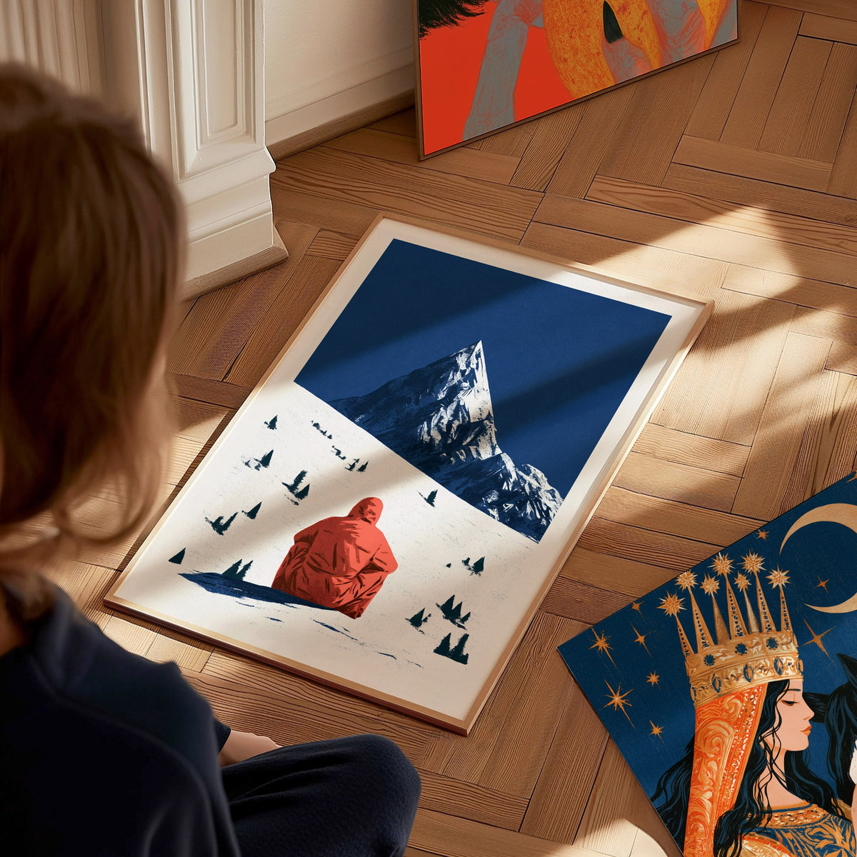 Alone Before Summit Poster | Pink and Cobalt Illustrative Art Print | Adventure Wall Art — styled in an interior