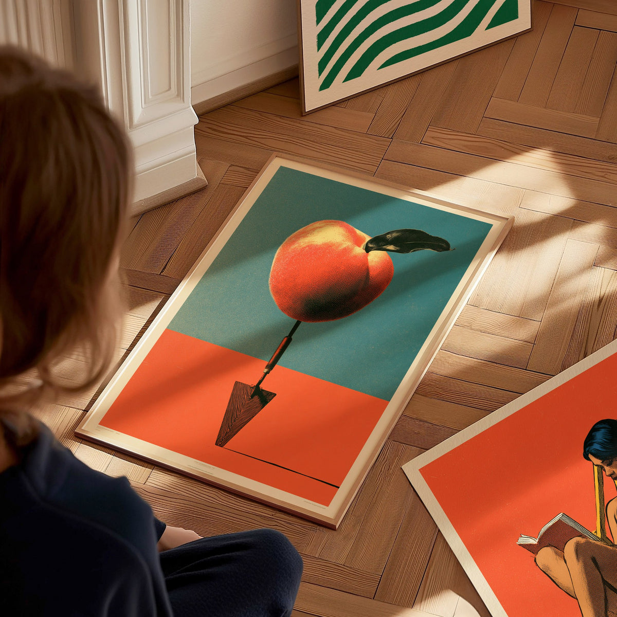 Trowel and Peach Poster | Teal and Orange Screen Print Art Print | Kitchen Wall Art — styled in an interior