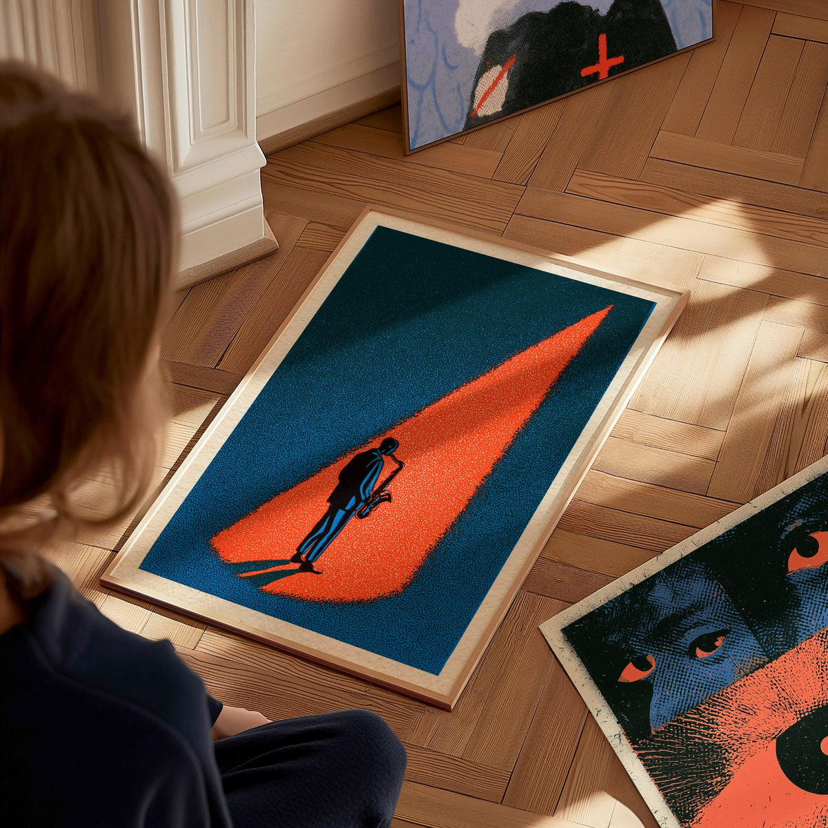 Spotlight Finds Him Poster | Teal and Coral Screen Print Art Print | Jazz Lover Wall Art — styled in an interior