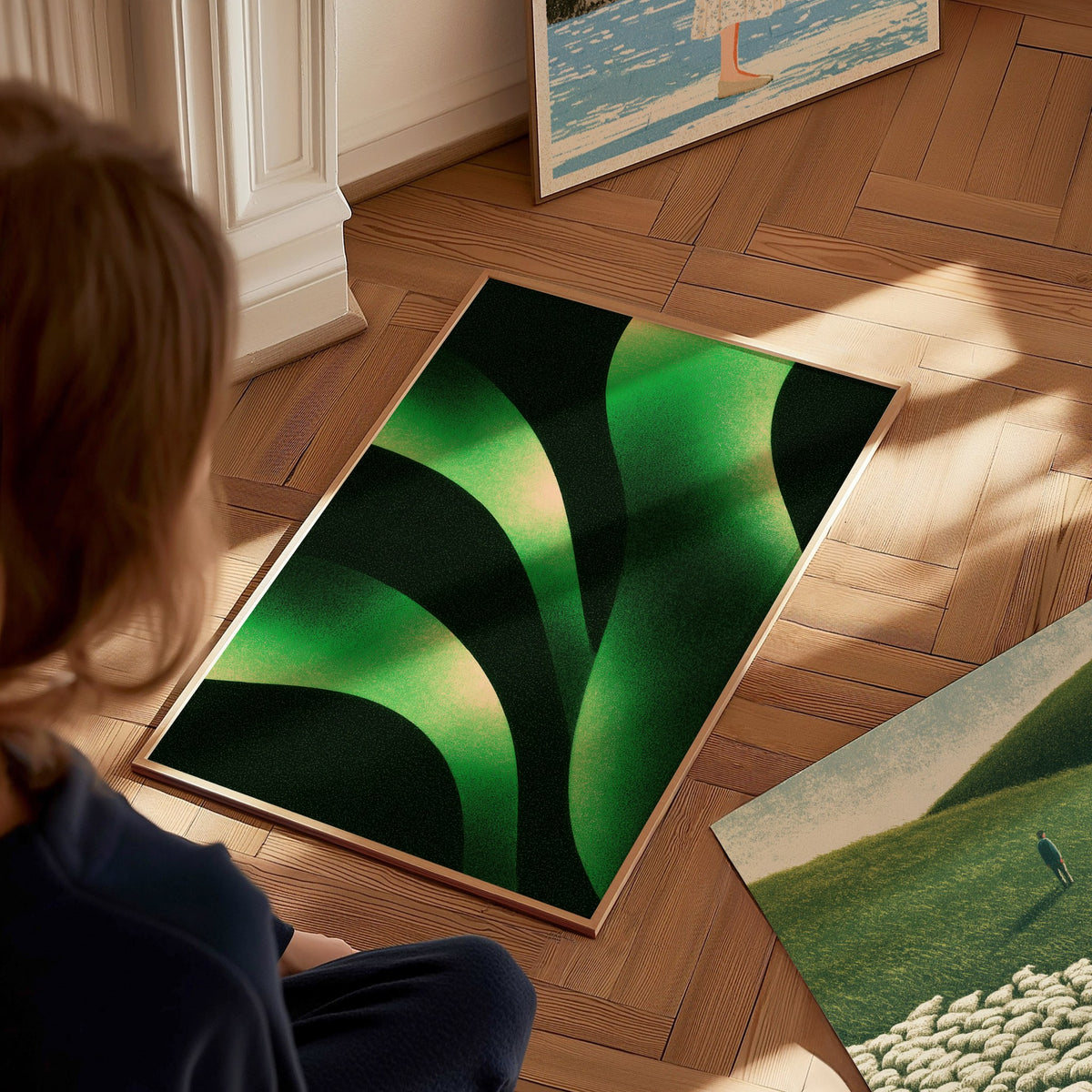 Sorrel Leaf Curves Poster | Lime and Black Illustrative Art Print | Kitchen Wall Art — styled in an interior
