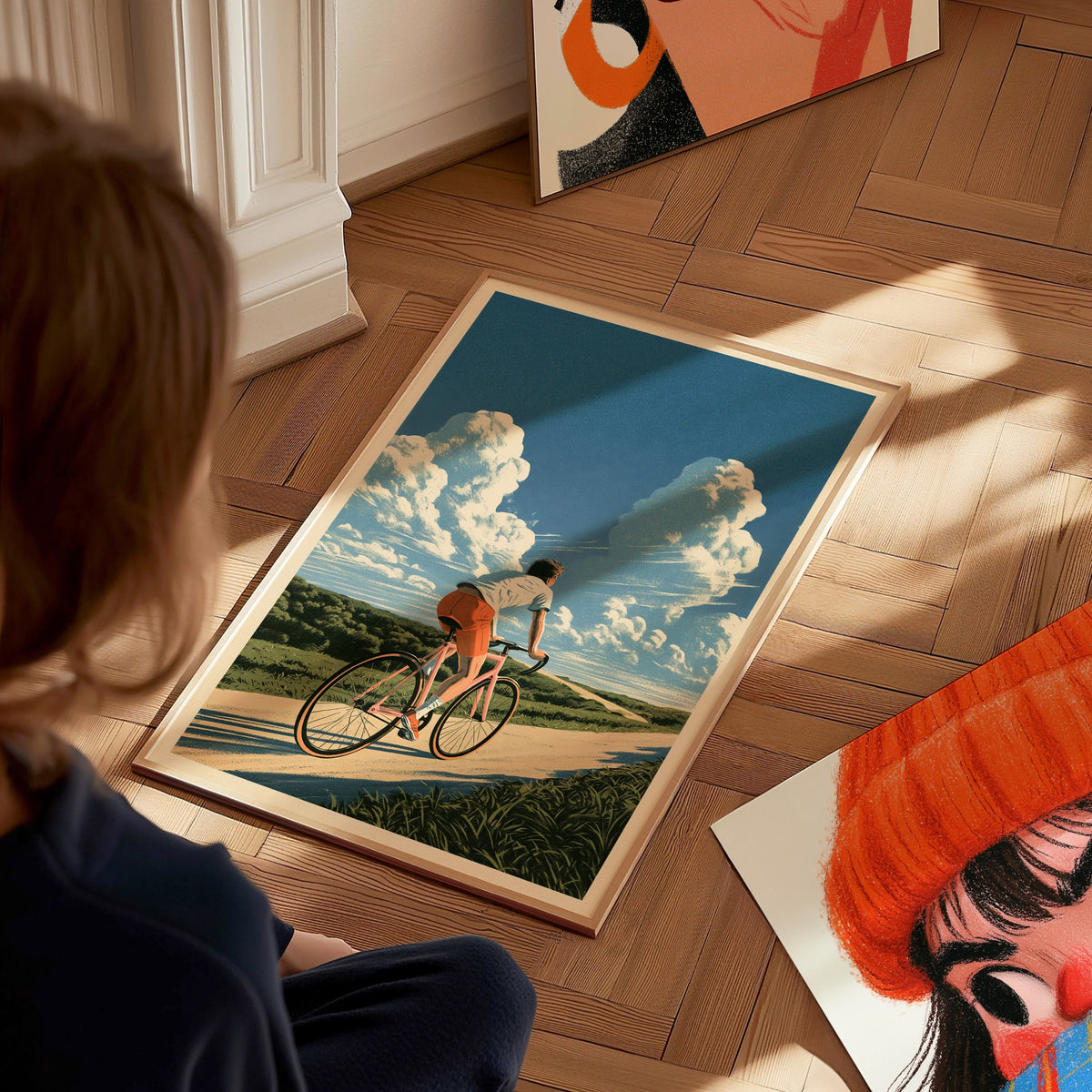 Cyclist Chases Horizon Poster | Blue and Orange Illustrative Art Print | Cycling Wall Art — styled in an interior