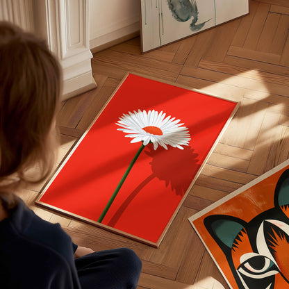 White Daisy on Red Poster | Red and White Flat Design Art Print | Modernist Wall Art — styled in an interior