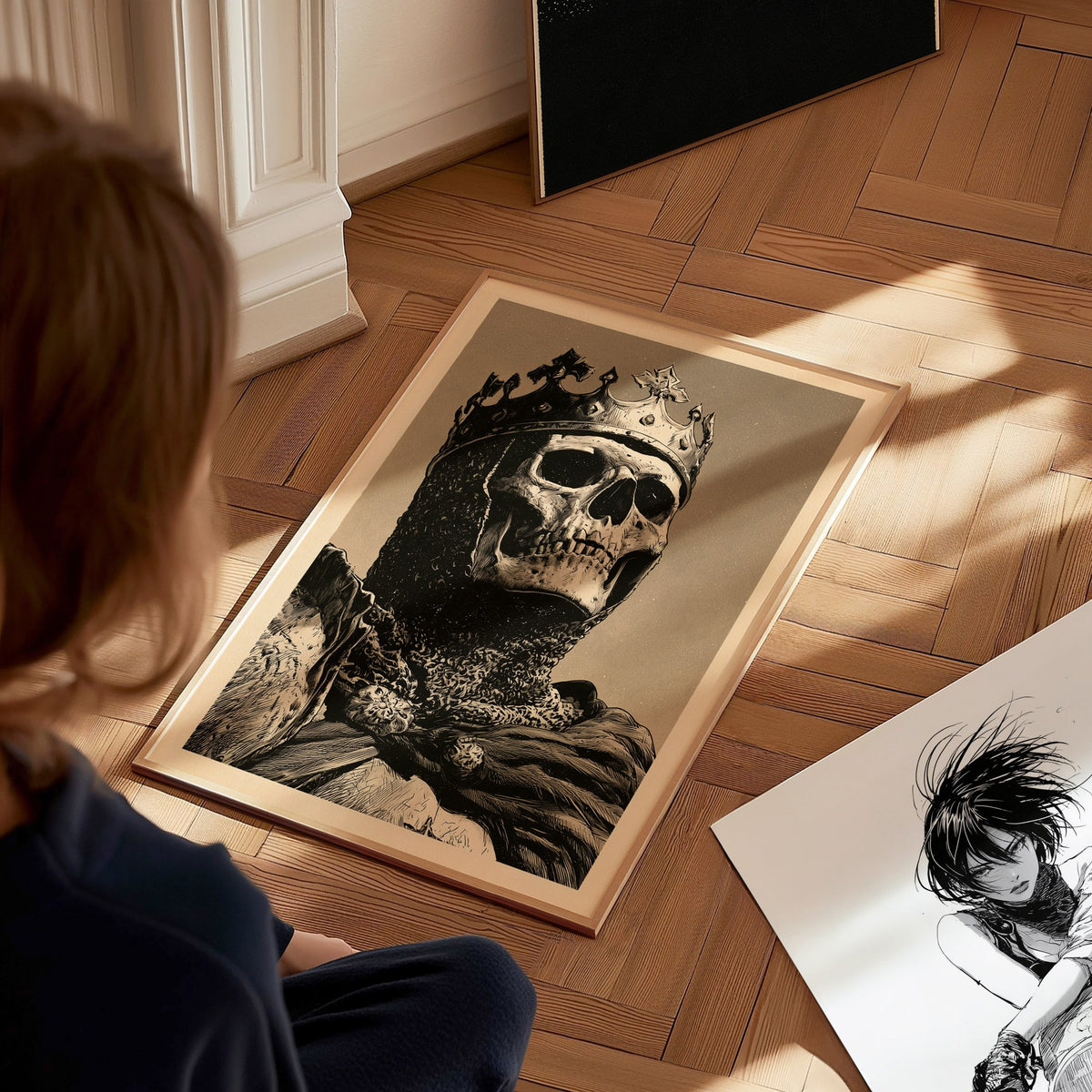 Dead King Reigns Poster | Red and Sepia Pen and Ink Art Print | Dark Fantasy Wall Art — styled in an interior