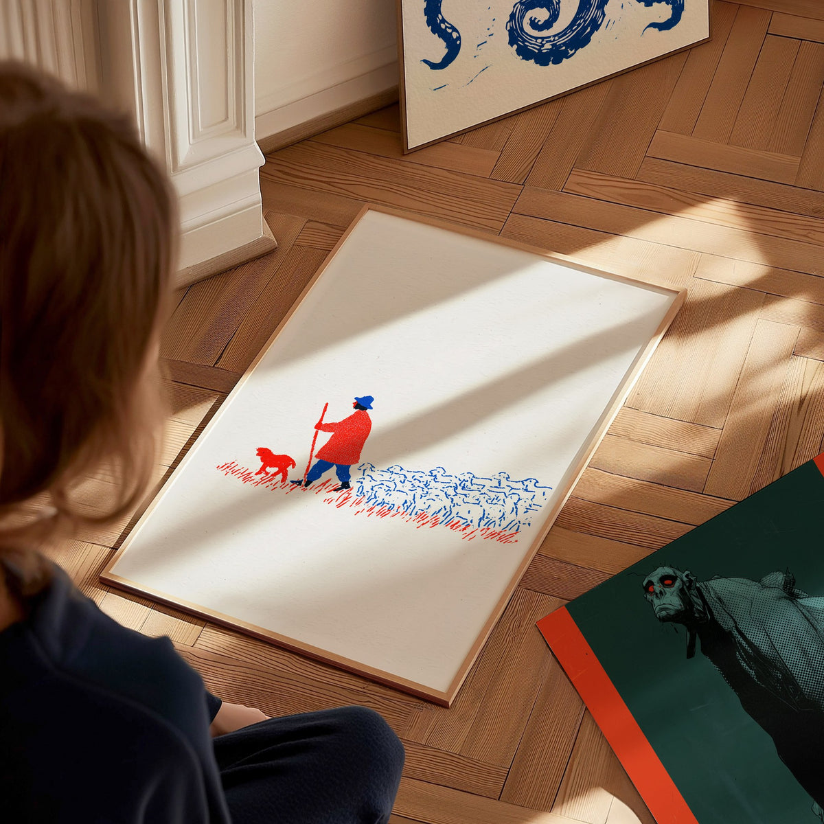 Shepherd Leads Home Poster | Red and Blue Screen Print Art Print | Nursery Wall Art — styled in an interior