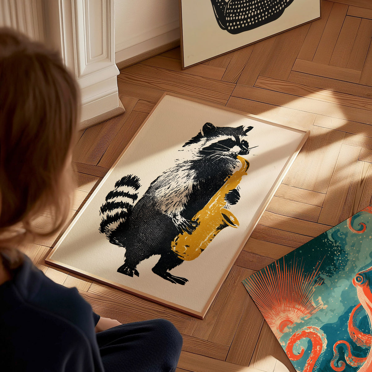 Raccoon Plays Saxophone Poster | Black and Yellow Screen Print Art Print | Music Lover Wall Art — styled in an interior