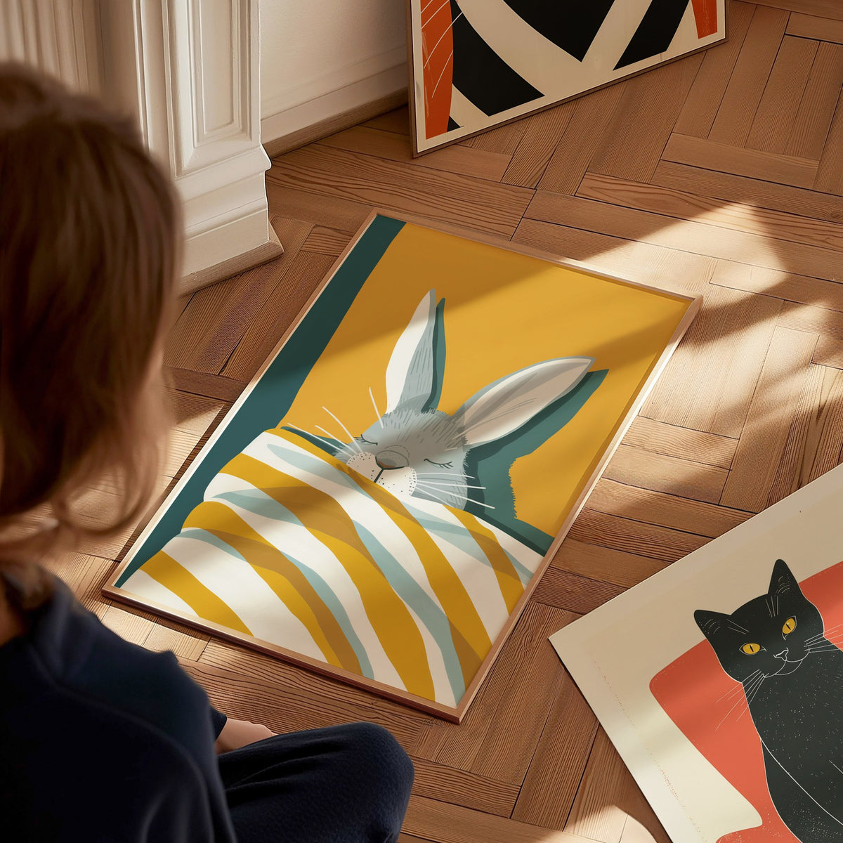 Rabbit Under Quilt Poster | Mustard and Teal Flat Design Art Print | Cottagecore Wall Art — styled in an interior