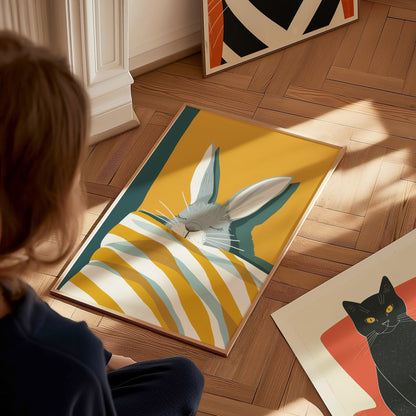 Rabbit Under Quilt Poster | Mustard and Teal Flat Design Art Print | Cottagecore Wall Art — styled in an interior