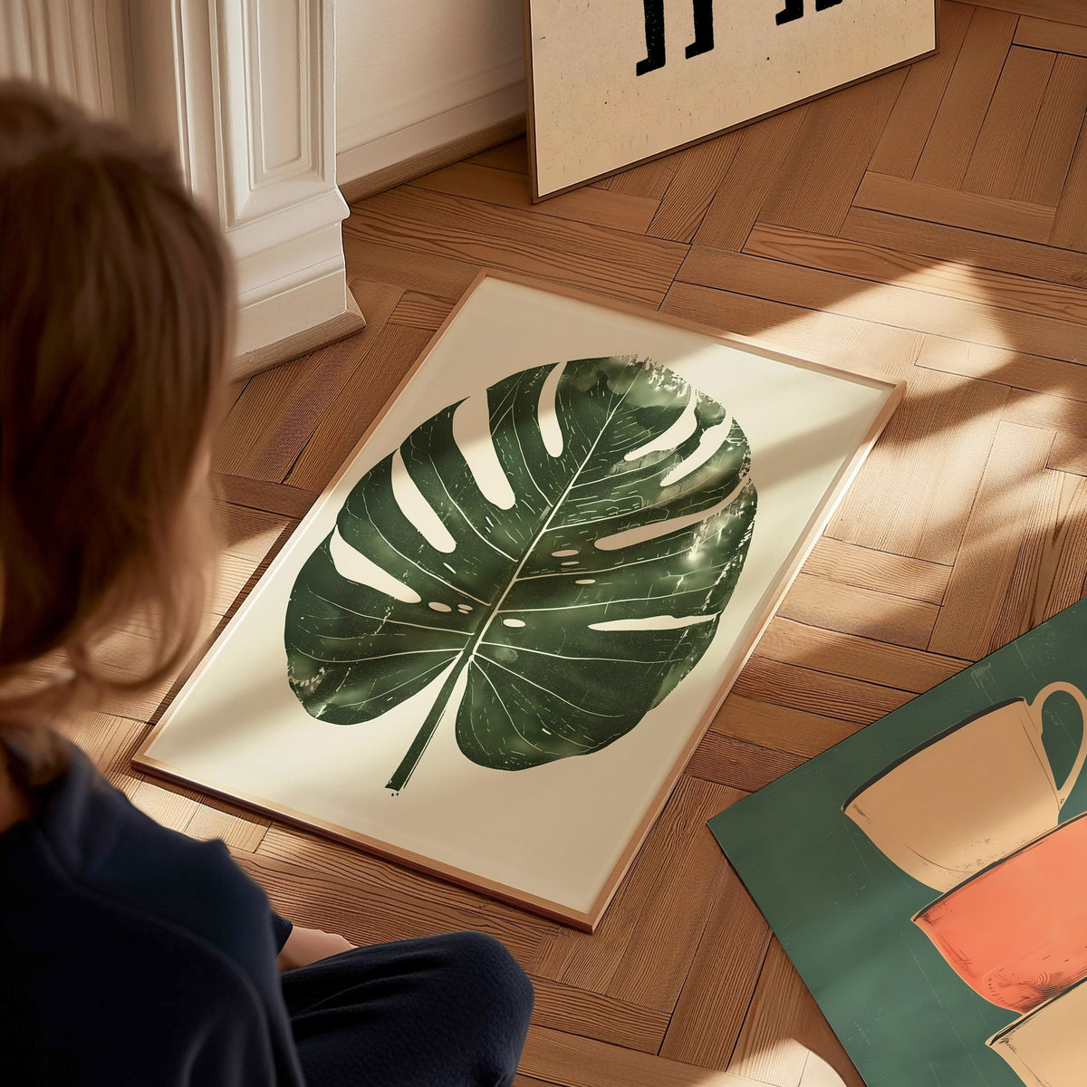 Monstera Leaf Grid Poster | Forest Green Screen Print Art Print | Botanical Wall Art — styled in an interior