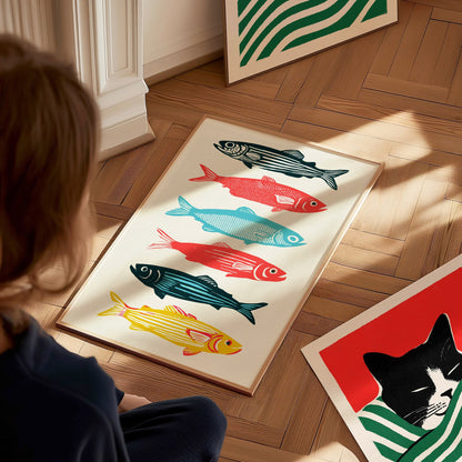 six-swimming-fish Poster | Teal and Coral Screen Print Art Print | Coastal Wall Art — styled in an interior