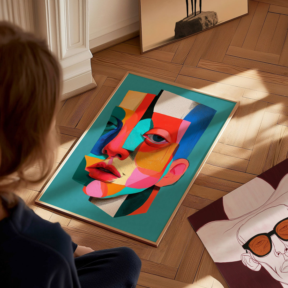 Split Face Mosaic Poster | Teal and Coral Illustrative Art Print | Modern Portrait Wall Art — styled in an interior