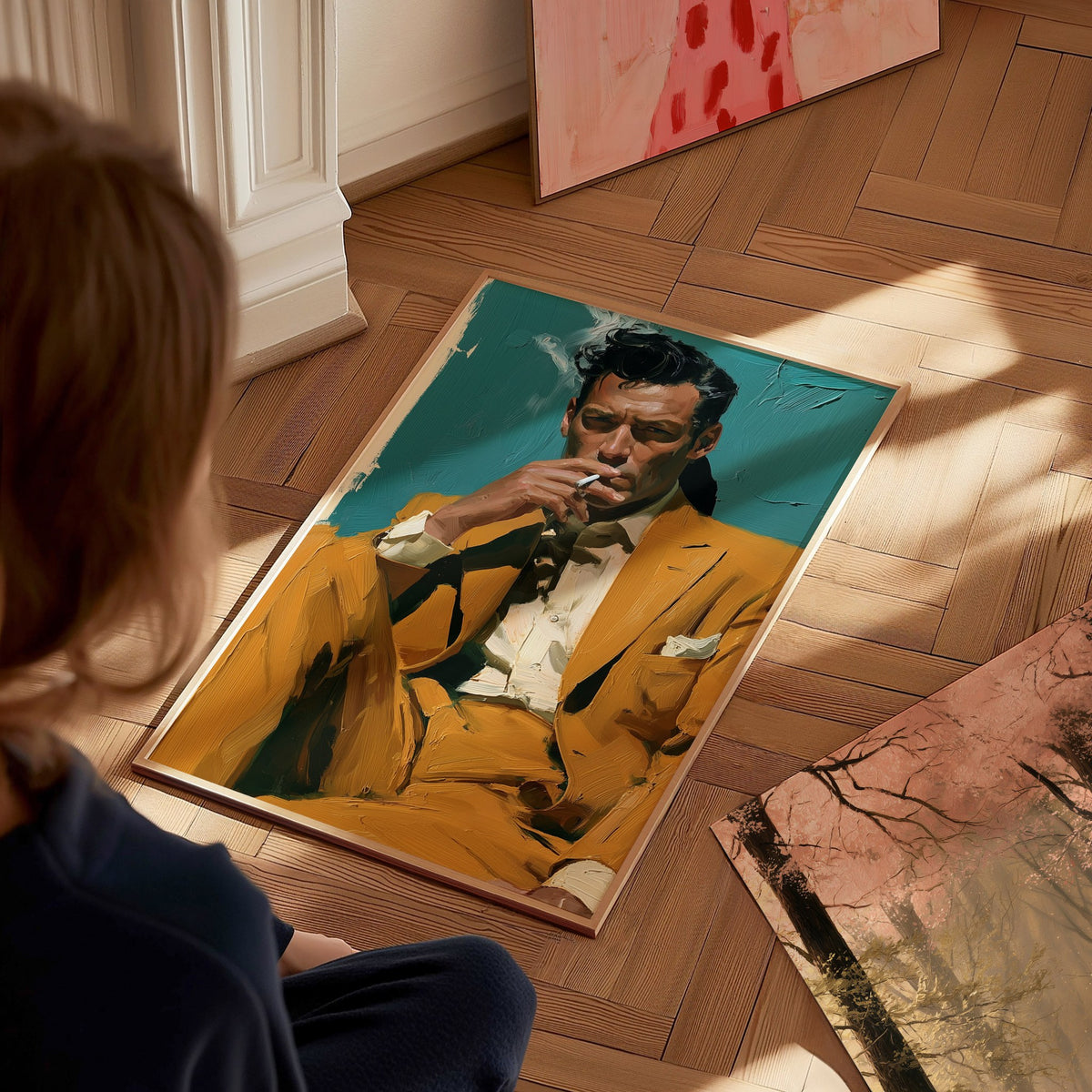 Man Lights Cigarette Poster | Teal and Mustard Oil Painting Art Print | Mid-Century Modern Wall Art — styled in an interior