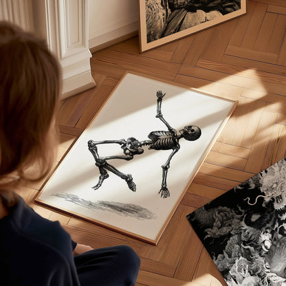Skeleton Falls Poster | Cream and Black Pen and Ink Art Print | Dark Academia Wall Art — styled in an interior