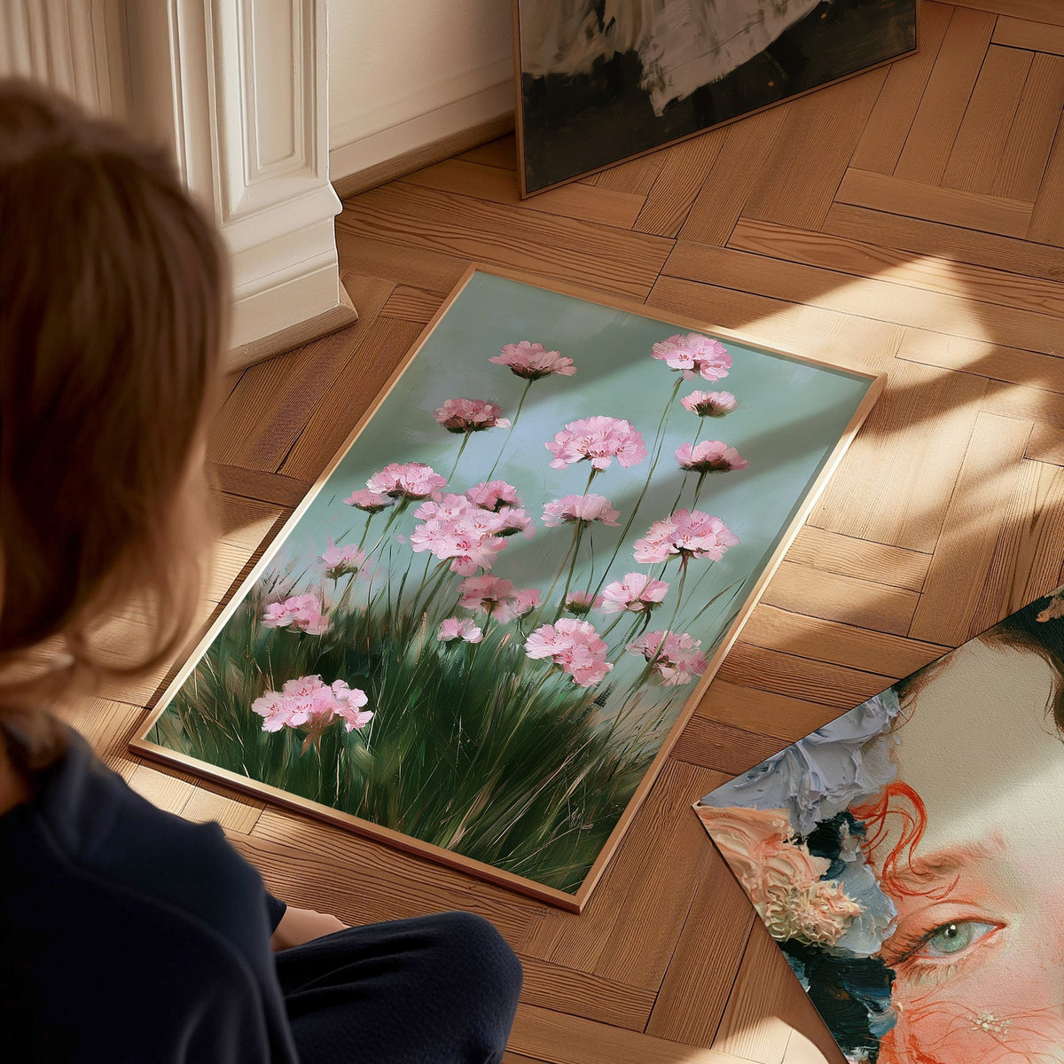 Thrift Blooms Sage Poster | Pink and Sage Oil Painting Art Print | Cottagecore Wall Art — styled in an interior
