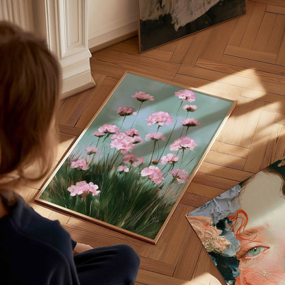 Thrift Blooms Sage Poster | Pink and Sage Oil Painting Art Print | Cottagecore Wall Art — styled in an interior