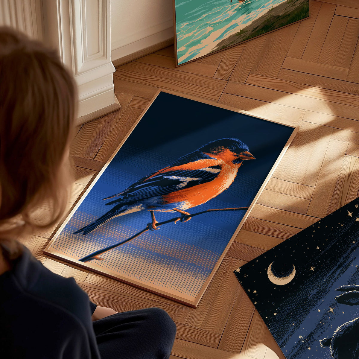 Bullfinch Burning Blue Poster | Navy and Orange Pixel Art Print | Retro Gaming Wall Art — styled in an interior