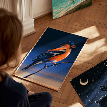 Bullfinch Burning Blue Poster | Navy and Orange Pixel Art Print | Retro Gaming Wall Art — styled in an interior