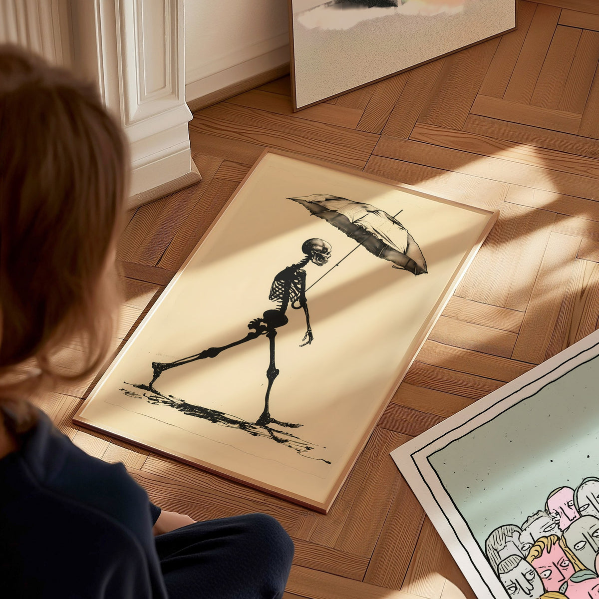 Skeleton with Umbrella Poster | Black and Cream Pen and Ink Art Print | Dark Humor Wall Art — styled in an interior